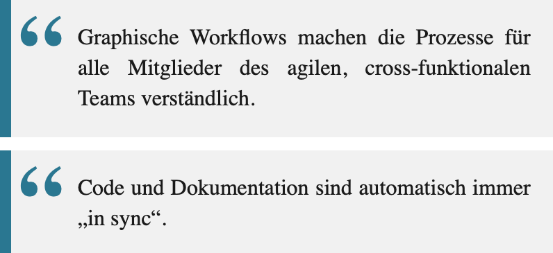 Graphische Workflows machen die Prozesse für alle Mitglieder des agilen, cross-funktionalen Teams verständlich.    Code und Dokumentation sind automatisch immer "in-sync".